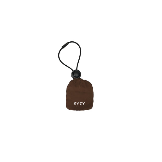 A burnt umber pouch with a drawstring closure and a black clasp. The syzy logo is visible on the front of the pouch.