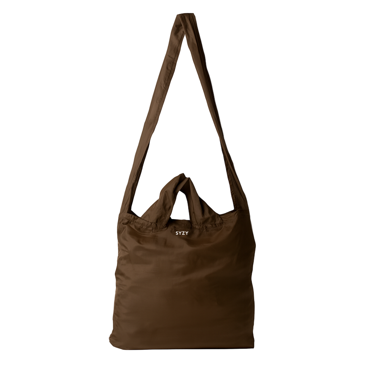 A Burnt Umber SYZY Tetra Tote Bag with multiple straps to carry is displayed on a white background