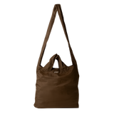 A Burnt Umber SYZY Tetra Tote Bag with multiple straps to carry is displayed on a white background