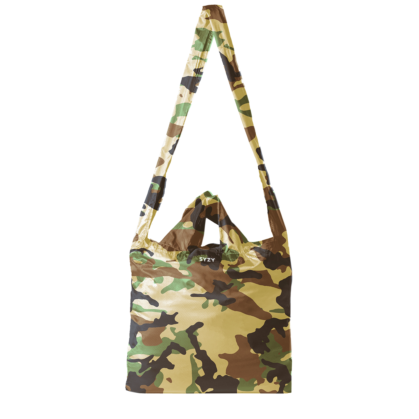SYZY Stock Camo Tetra Tote Bag Displayed on a transparent background.