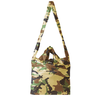 SYZY Stock Camo Tetra Tote Bag Displayed on a transparent background.