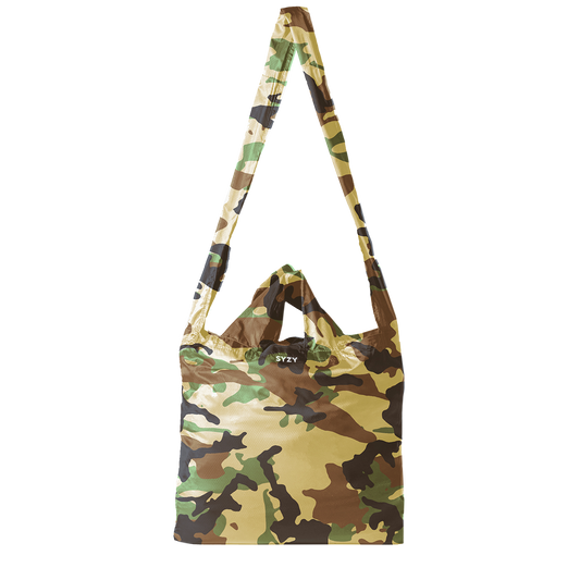 SYZY Stock Camo Tetra Tote Bag Displayed on a transparent background.
