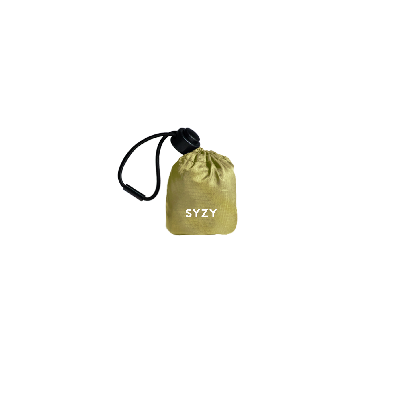 SYZY Ochre Tetra Tote Bag is stored inside a compact camo pouch with a drawstring against a transparent background.