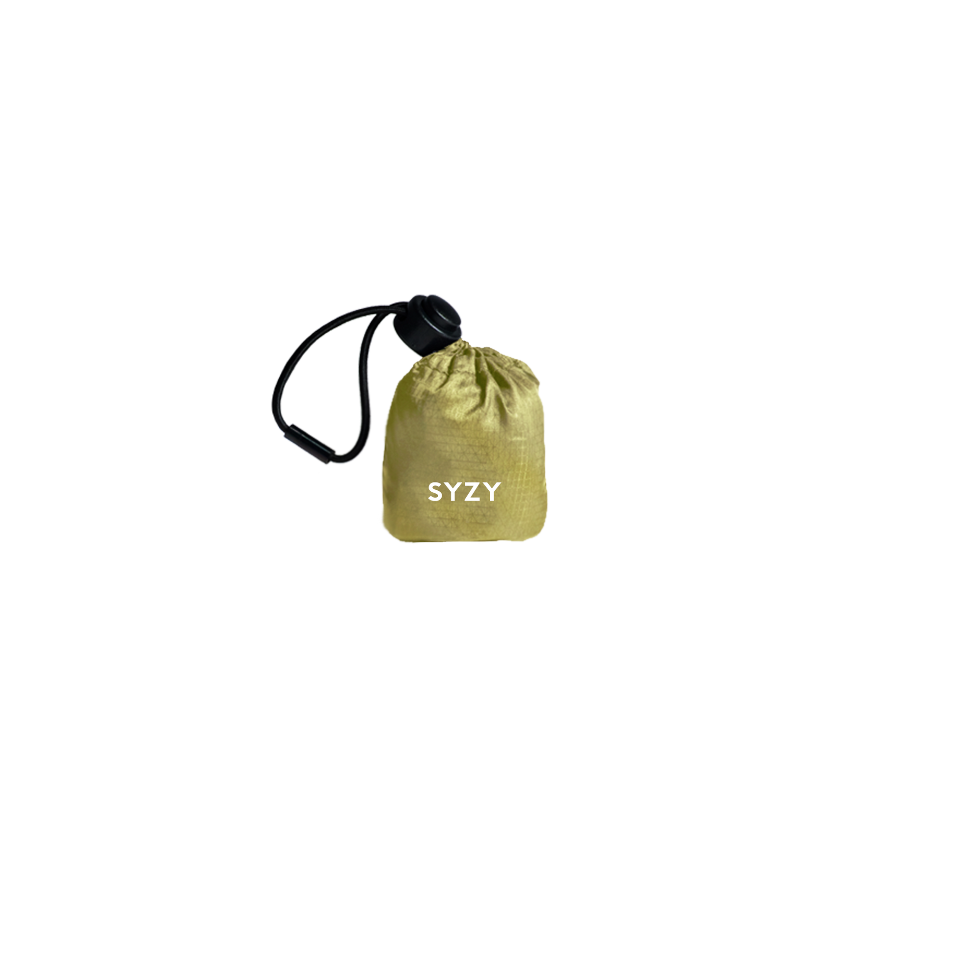 SYZY Ochre Tetra Tote Bag is stored inside a compact camo pouch with a drawstring against a transparent background.